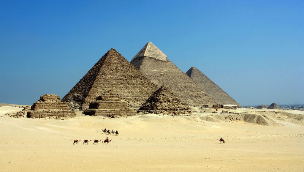 Pyramider i öknen med kameler framför dem