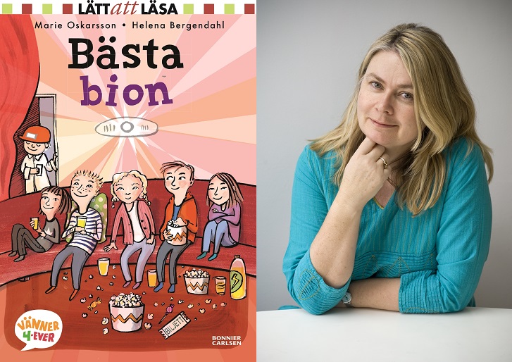 En bild på bokens omslag och en på författaren. På omslaget sitter fyra kompisar i en biosalong. Det är fullt av godispåsar och popcornlådor vid deras fötter. Författaren har långt hår och sitter vid ett bord. Hon lutar armen mot bordet och har huvudet i handen. Hon ser snäll men lite lurig ut.