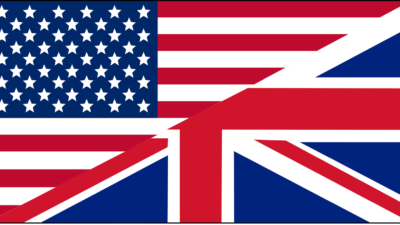 Halva USA:s flagga och halv Storbritanniens flagga.